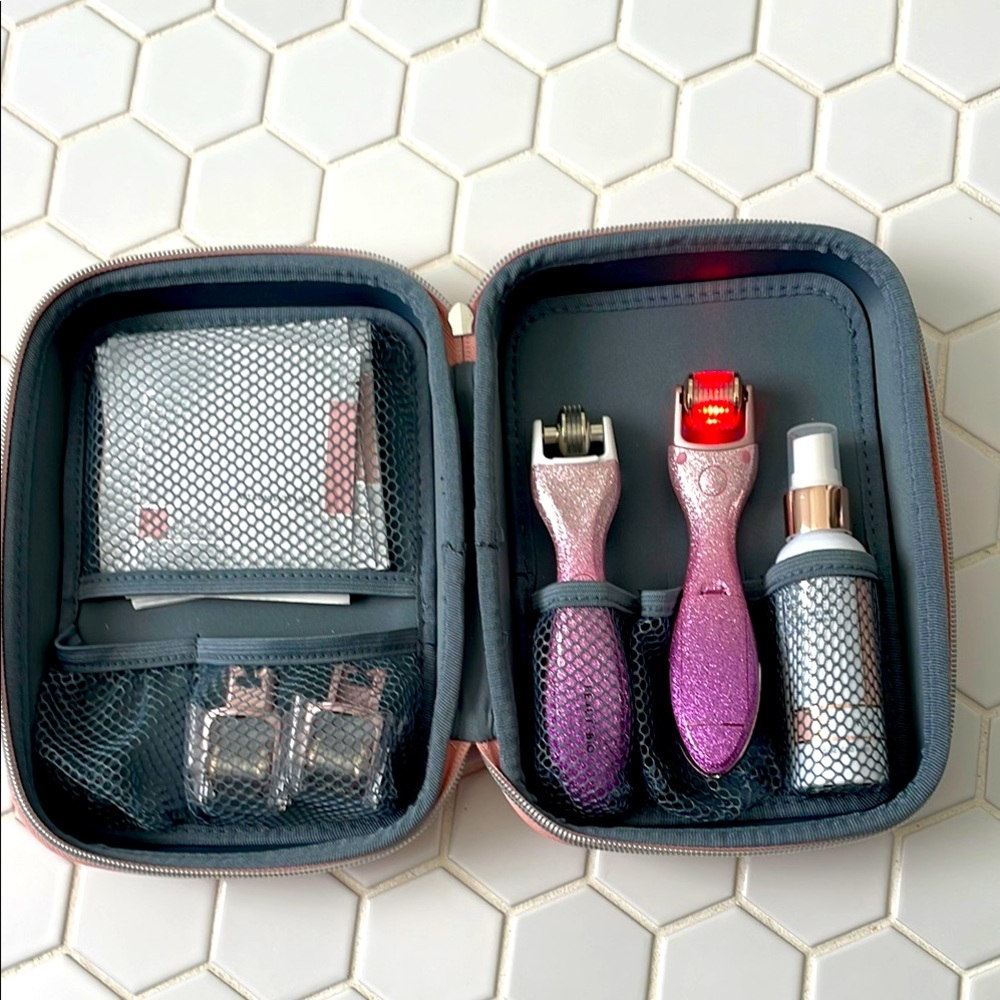 GloPro Microneedling Pink and Gray Skincare Tool Set with Roller and Spray